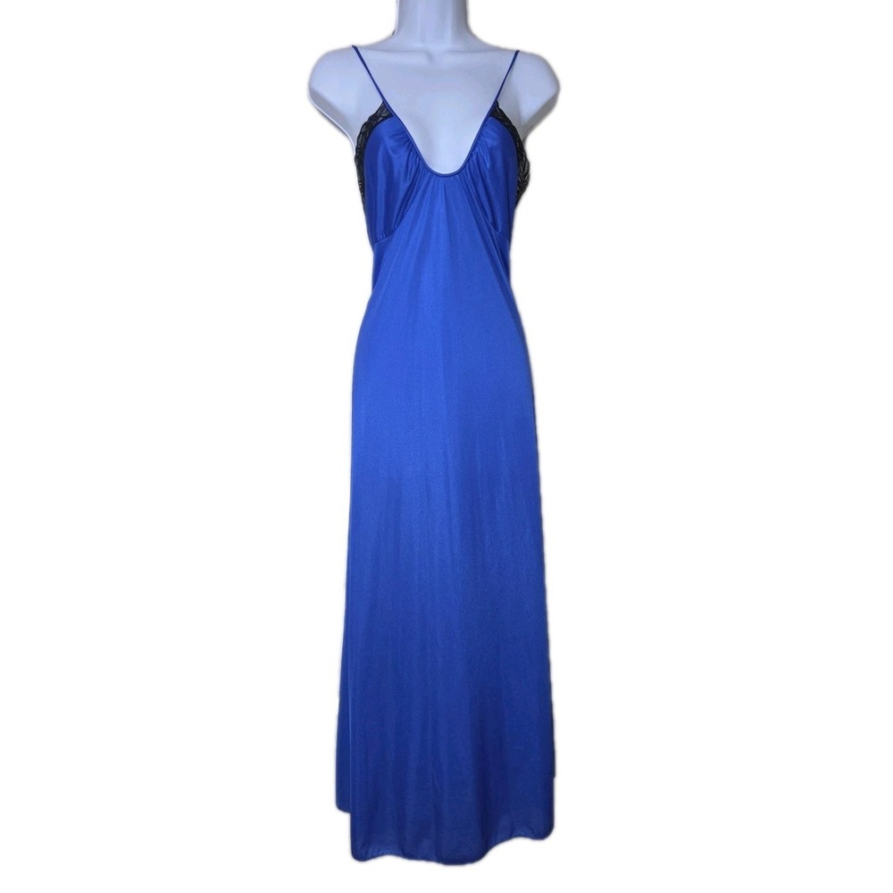 Vtg 1980s Long Nightgown Royal Blue Nylon Black Lace Size M San Souci Scoop Neck